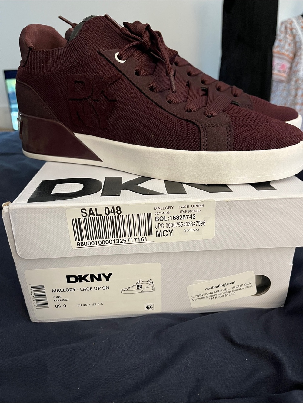 DKNY Women’s Mallory Knit Lace-Up Sneakers in Wine